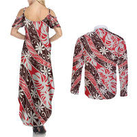 Uteute Tahiti Tiare Monstera Couples Matching Summer Maxi Dress and Long Sleeve Button Shirt Polynesian Pattern Curve Style LT01 - Polynesian Pride