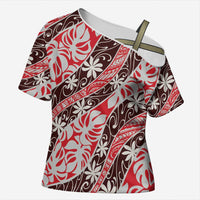 Uteute Tahiti Tiare Monstera Cross Shoulder Shirt Polynesian Pattern Curve Style LT01 Female Red - Polynesian Pride