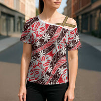 Uteute Tahiti Tiare Monstera Cross Shoulder Shirt Polynesian Pattern Curve Style LT01 - Polynesian Pride