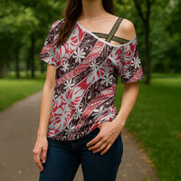 Uteute Tahiti Tiare Monstera Cross Shoulder Shirt Polynesian Pattern Curve Style LT01 - Polynesian Pride