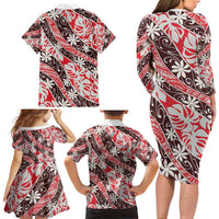 Uteute Tahiti Tiare Monstera Family Matching Long Sleeve Bodycon Dress and Hawaiian Shirt Polynesian Pattern Curve Style - Polynesian Pride