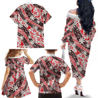 Uteute Tahiti Tiare Monstera Family Matching Off The Shoulder Long Sleeve Dress and Hawaiian Shirt Polynesian Pattern Curve Style - Polynesian Pride
