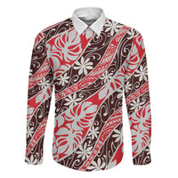 Uteute Tahiti Tiare Monstera Family Matching Puletasi and Hawaiian Shirt Polynesian Pattern Curve Style LT01 Dad's Shirt - Long Sleeve Red - Polynesian Pride