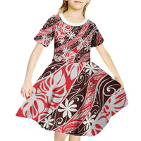Uteute Tahiti Tiare Monstera Kid Short Sleeve Dress Polynesian Pattern Curve Style LT01 - Polynesian Pride