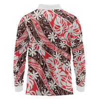 Uteute Tahiti Tiare Monstera Long Sleeve Polo Shirt Polynesian Pattern Curve Style - Polynesian Pride