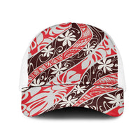 Uteute Tahiti Tiare Monstera Mesh Trucker Cap Polynesian Pattern Curve Style LT01 One Size White Red - Polynesian Pride