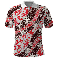 Uteute Tahiti Tiare Monstera Polo Shirt Polynesian Pattern Curve Style LT01 Red - Polynesian Pride