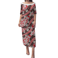 Uteute Tahiti Tiare Monstera Puletasi Polynesian Pattern Curve Style LT01 Long Dress Red - Polynesian Pride