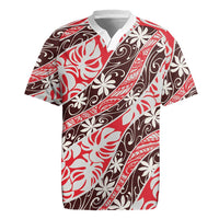 Uteute Tahiti Tiare Monstera Rugby Jersey Polynesian Pattern Curve Style LT01 Red - Polynesian Pride