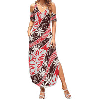 Uteute Tahiti Tiare Monstera Summer Maxi Dress Polynesian Pattern Curve Style LT01 Women Red - Polynesian Pride