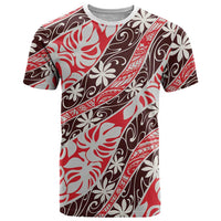 Uteute Tahiti Tiare Monstera T Shirt Polynesian Pattern Curve Style LT01 Red - Polynesian Pride