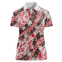 Uteute Tahiti Tiare Monstera Women Polo Shirt Polynesian Pattern Curve Style LT01 Female Red - Polynesian Pride