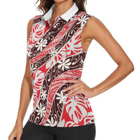 Uteute Tahiti Tiare Monstera Women Sleeveless Polo Shirt Polynesian Pattern Curve Style - Polynesian Pride