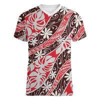 Uteute Tahiti Tiare Monstera Women V-Neck T-Shirt Polynesian Pattern Curve Style LT01 Female Red - Polynesian Pride