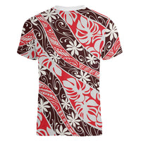 Uteute Tahiti Tiare Monstera Women V-Neck T-Shirt Polynesian Pattern Curve Style LT01 - Polynesian Pride