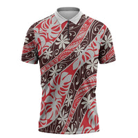 Uteute Tahiti Tiare Monstera Zipper Polo Shirt Polynesian Pattern Curve Style LT01 Red - Polynesian Pride