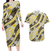 Rearea Tahiti Tiare Monstera Couples Matching Long Sleeve Bodycon Dress and Hawaiian Shirt Polynesian Pattern Curve Style LT01 Yellow - Polynesian Pride