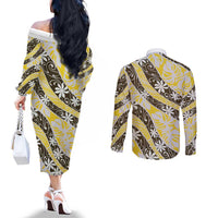 Rearea Tahiti Tiare Monstera Couples Matching Off The Shoulder Long Sleeve Dress and Long Sleeve Button Shirt Polynesian Pattern Curve Style - Polynesian Pride