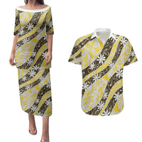 Rearea Tahiti Tiare Monstera Couples Matching Puletasi and Hawaiian Shirt Polynesian Pattern Curve Style LT01 Yellow - Polynesian Pride