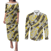 Rearea Tahiti Tiare Monstera Couples Matching Puletasi and Long Sleeve Button Shirt Polynesian Pattern Curve Style LT01 Yellow - Polynesian Pride