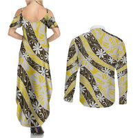 Rearea Tahiti Tiare Monstera Couples Matching Summer Maxi Dress and Long Sleeve Button Shirt Polynesian Pattern Curve Style LT01 - Polynesian Pride