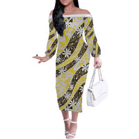 Rearea Tahiti Tiare Monstera Family Matching Off The Shoulder Long Sleeve Dress and Hawaiian Shirt Polynesian Pattern Curve Style - Polynesian Pride