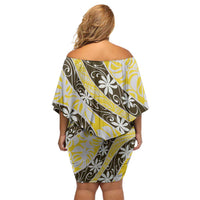 Rearea Tahiti Tiare Monstera Off Shoulder Short Dress Polynesian Pattern Curve Style - Polynesian Pride
