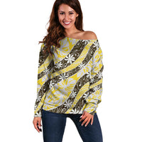 Rearea Tahiti Tiare Monstera Off Shoulder Sweater Polynesian Pattern Curve Style - Polynesian Pride