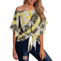 Rearea Tahiti Tiare Monstera Off Shoulder Wrap Waist Top Polynesian Pattern Curve Style LT01 - Polynesian Pride