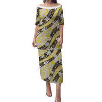 Rearea Tahiti Tiare Monstera Puletasi Polynesian Pattern Curve Style LT01 Long Dress Yellow - Polynesian Pride