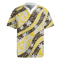 Rearea Tahiti Tiare Monstera Rugby Jersey Polynesian Pattern Curve Style LT01 Yellow - Polynesian Pride