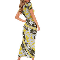 Rearea Tahiti Tiare Monstera Short Sleeve Bodycon Dress Polynesian Pattern Curve Style LT01 - Polynesian Pride