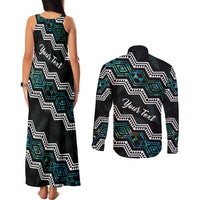 Personalised Taniko Aotearoa Mix Paua Shell Couples Matching Tank Maxi Dress and Long Sleeve Button Shirt Niho Taniwha Turquoise Glitter