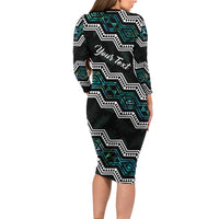 Personalised Taniko Aotearoa Mix Paua Shell Long Sleeve Bodycon Dress Niho Taniwha Turquoise Glitter