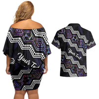 Personalised Taniko Aotearoa Mix Paua Shell Couples Matching Off Shoulder Short Dress and Hawaiian Shirt Niho Taniwha Lilac Glitter