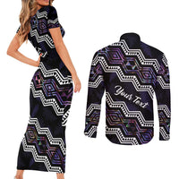 Personalised Taniko Aotearoa Mix Paua Shell Couples Matching Short Sleeve Bodycon Dress and Long Sleeve Button Shirt Niho Taniwha Lilac Glitter