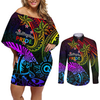Wellington Pride Couples Matching Off Shoulder Short Dress and Long Sleeve Button Shirt Aotearoa Tribal Rainbow Pattern LT01 Black - Polynesian Pride