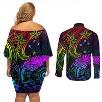 Wellington Pride Couples Matching Off Shoulder Short Dress and Long Sleeve Button Shirt Aotearoa Tribal Rainbow Pattern LT01 - Polynesian Pride