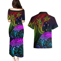 Wellington Pride Couples Matching Puletasi and Hawaiian Shirt Aotearoa Tribal Rainbow Pattern LT01 - Polynesian Pride