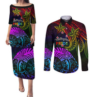 Wellington Pride Couples Matching Puletasi and Long Sleeve Button Shirt Aotearoa Tribal Rainbow Pattern LT01 Black - Polynesian Pride