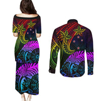 Wellington Pride Couples Matching Puletasi and Long Sleeve Button Shirt Aotearoa Tribal Rainbow Pattern LT01 - Polynesian Pride