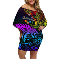 Wellington Pride Off Shoulder Short Dress Aotearoa Tribal Rainbow Pattern LT01 Women Black - Polynesian Pride