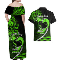 Personalised Hawaii Couples Matching Off Shoulder Maxi Dress and Hawaiian Shirt Maui Be Strong Kakau Green Version LT01 - Polynesian Pride