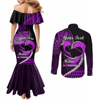 Personalised Hawaii Couples Matching Mermaid Dress and Long Sleeve Button Shirts Maui Be Strong Kakau Purple Version LT01 - Polynesian Pride