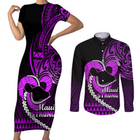 Personalised Hawaii Couples Matching Short Sleeve Bodycon Dress and Long Sleeve Button Shirts Maui Be Strong Kakau Purple Version LT01 Purple - Polynesian Pride