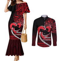 Personalised Hawaii Couples Matching Mermaid Dress and Long Sleeve Button Shirts Maui Be Strong Kakau Red Version LT01 Red - Polynesian Pride