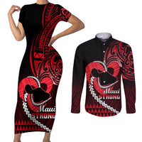 Personalised Hawaii Couples Matching Short Sleeve Bodycon Dress and Long Sleeve Button Shirts Maui Be Strong Kakau Red Version LT01 Red - Polynesian Pride