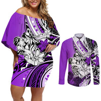 Polynesian Valentine Couples Matching Off Shoulder Short Dress and Long Sleeve Button Shirt Couple Floral Unique Purple Version LT01 Purple - Polynesian Pride