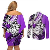 Polynesian Valentine Couples Matching Off Shoulder Short Dress and Long Sleeve Button Shirt Couple Floral Unique Purple Version LT01 - Polynesian Pride