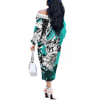 Polynesian Valentine Off The Shoulder Long Sleeve Dress Couple Floral Unique Turquoise Version LT01 - Polynesian Pride